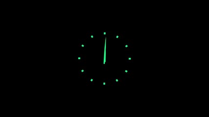 Green clock hands and markers on black background time, 4k video clock animation .