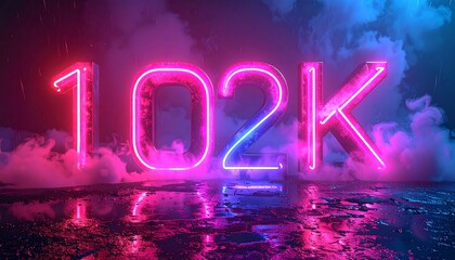 Neon '102K' reflects on a wet surface amid colorful fog under a dark sky with rain-like streaks