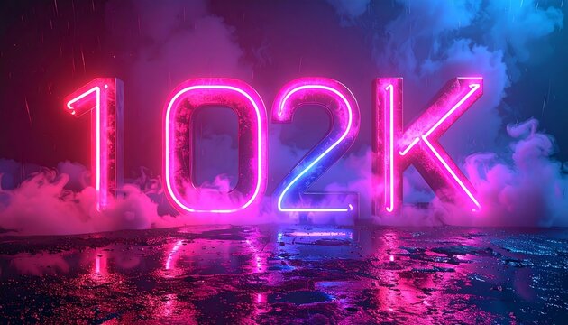 Neon '102K' reflects on a wet surface amid colorful fog under a dark sky with rain-like streaks