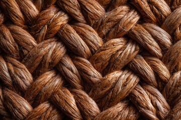 Detailed macro showcases the intricate texture and weave of a robust, natural brown rope,