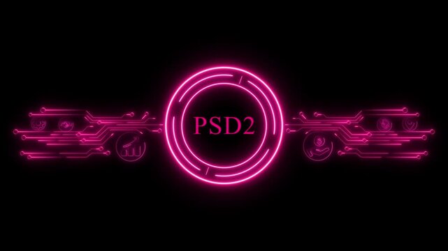 Neon Pink PS D2 Text In Circular Frame With Circuit Board, Technology and network concept.
