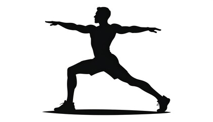 Man's silhouette in yoga warrior pose with arms extended, right leg forward, against a white backdrop