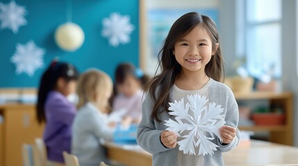 Young girl smiles proudly while holding a snowflake craft in a brightly lit classroom with classmates engaged in creative activities