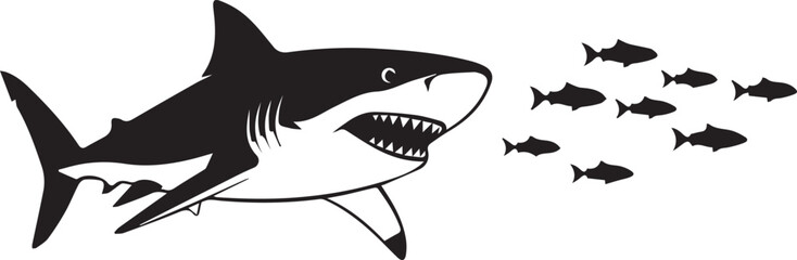 Majestic great white shark hunts a school of small fish in the ocean depths