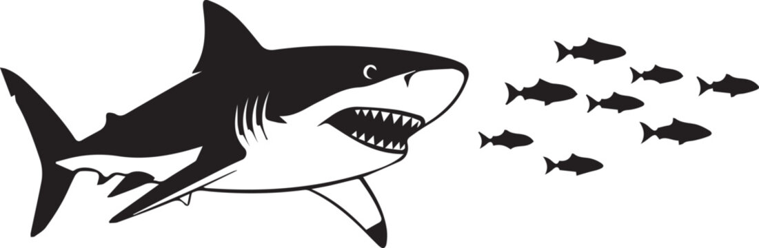 Majestic great white shark hunts a school of small fish in the ocean depths