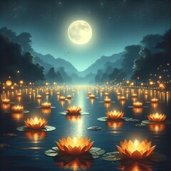 “Thousands of diyas floating on river, full moon shining, peaceful night.”