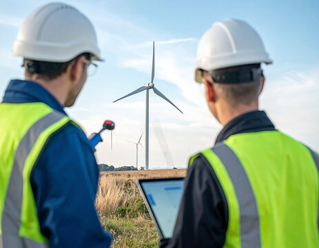 Engineers monitoring wind turbine energy performance using digital data analysis