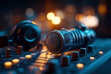 Close-up captures the music studio ambience, featuring headphones, microphone, and mixing console