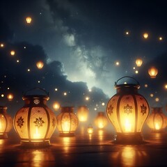 “Lanterns lit in memory, night sky, gentle atmosphere of remembrance.”
