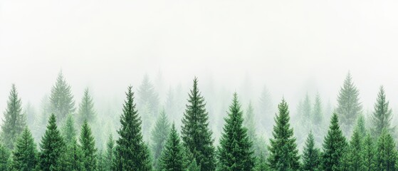 Fototapeta premium Misty evergreen forest with tall trees creating a natural landscape scene.