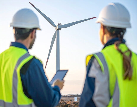 Engineers inspect a wind farm, harnessing renewable energy for a sustainable future