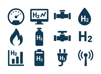 Hydrogen energy icons: h2 symbols, gauges, pipes, and devices