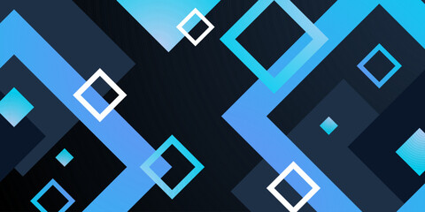 Fototapeta premium Abstract blue square pattern on dark color background. Simple banner overlap shapes concept design.
