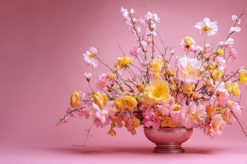Elegant pink and yellow floral arrangement in silver bowl with copy space on pink background