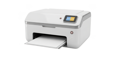 Modern White Printer with Paper Output and a Small Digital Display Screen office technology isolated on a transparent background