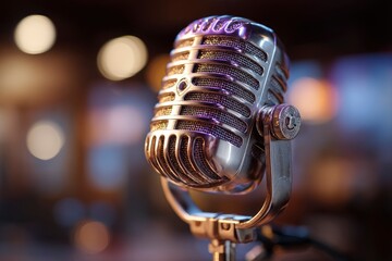 A gleaming, vintage-style microphone stands elegantly against a softly blurred backdrop, exuding