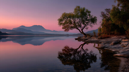 Obraz premium Quiet sunrise over mountain lake mirroring soft pink light and stillness 