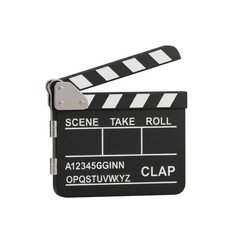 Obraz premium Movie Clapperboard with White Text and Hinges Open on a Background Keywords: clapperboard, movie, film, cinema, production, director, scene, take isolated on a transparent background