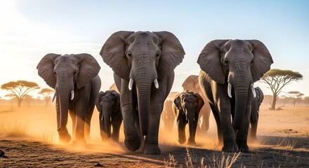 Majestic Elephant Herd Journeying Across the Golden African Savanna at Sunset, Kicking Up Dust