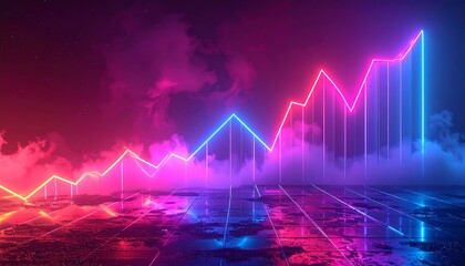 Neon chart glows on reflective surface amidst colorful smoke