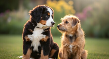 Two charming canine companions, a fluffy puppy and a wire-haired dog, share a heartwarming outdoor moment