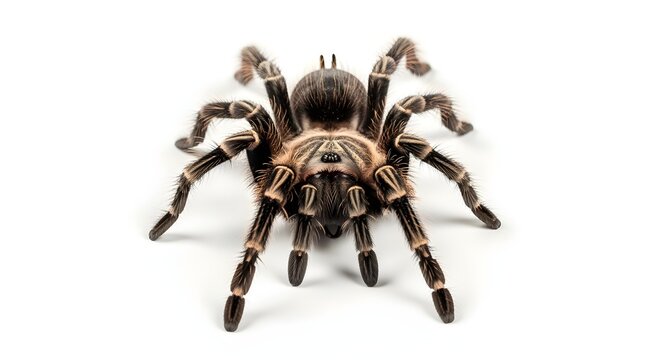 A large brown tarantula spider showing its hairy texture, isolated on a clean white background - Powered by Adobe