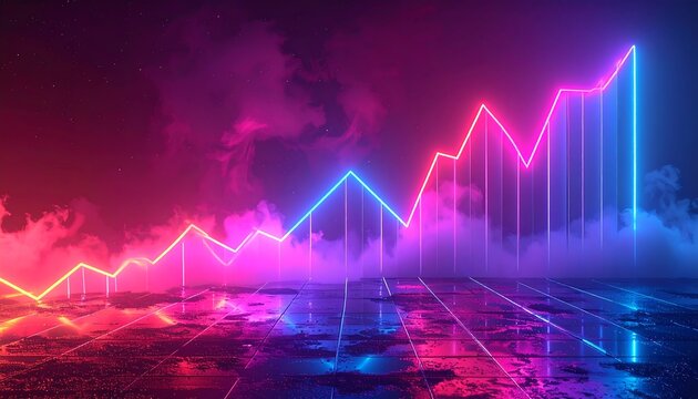 Neon chart glows on reflective surface amidst colorful smoke