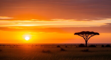 African Sunset Majestic Scenery of Acacia Tree Under a Vivid Orange Sky at Dusk or Dawn