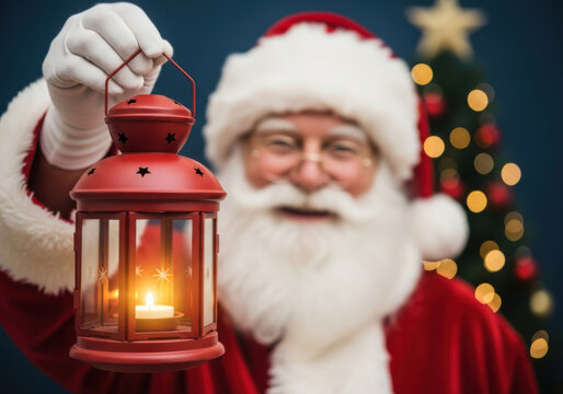 Santa claus holding a red lantern with a lit candle, with a blurred christmas tree in the background, evoking a festive and magical holiday spirit