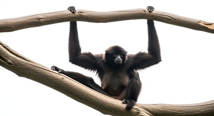 Black spider monkey with long limbs hanging powerfully from a thick tree branch against a bright background