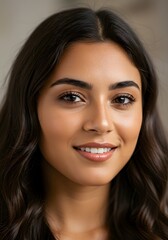 Beautiful young woman with a warm friendly smile and dark hair.