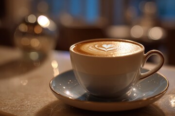 Close-up of a cappuccino with latte art showcasing a delicate heart design in a warm, inviting