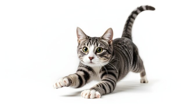 Playful grey tabby cat stretching its front paws in a hunting pounce isolated on a white studio background