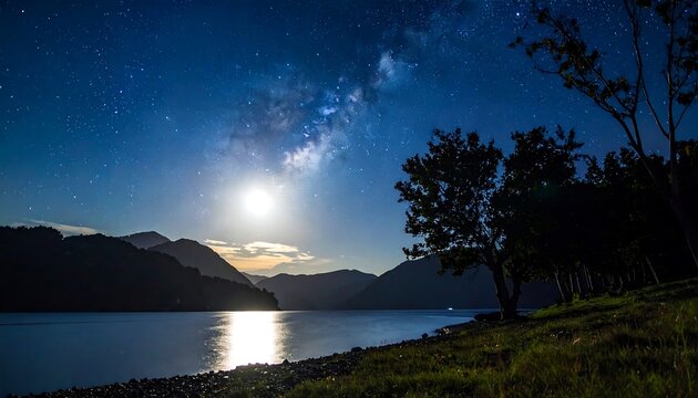 Night lake scene featuring a luminous moon, starry sky, and silhouettes of distant mountains and lush trees