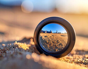 Abstract Lens View: Cityscape Reflected in Circular Frame on Sandy Beach