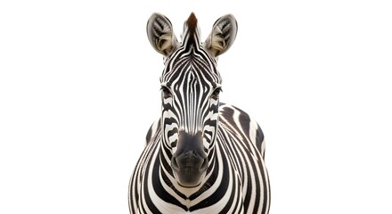 A frontal close-up of a wild zebra on a plain white background, highlighting its unique stripes