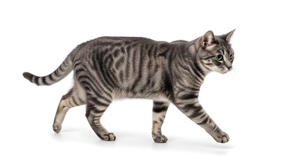 Silver tabby cat walking on white background, capturing feline beauty and grace