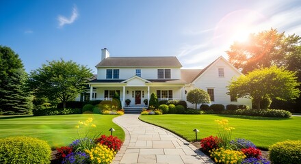 A beautiful large white two-story house with a landscaped front yard and garden on a sunny day