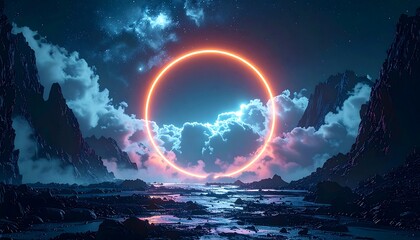 Night landscape with a glowing circle and cloudy sky between rocky formations near water