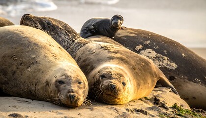Many seals relaxing on a sandy beach, some close-up, others in the background, with ocean waves in the far