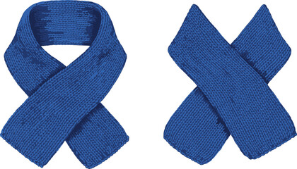 Blue knitted scarf, winter fashion accessory, cozy wool texture, crisscross styling, casual and formal wear, neck wrap, cold weather comfort