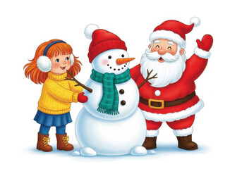Obraz premium Illustration of santa claus and a little girl building a snowman together on a white background