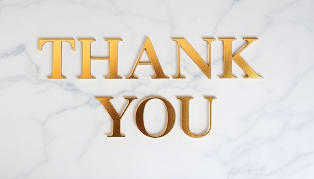 Elegant golden 3D letters spelling "Thank You" are set against a sophisticated white and grey marble background.