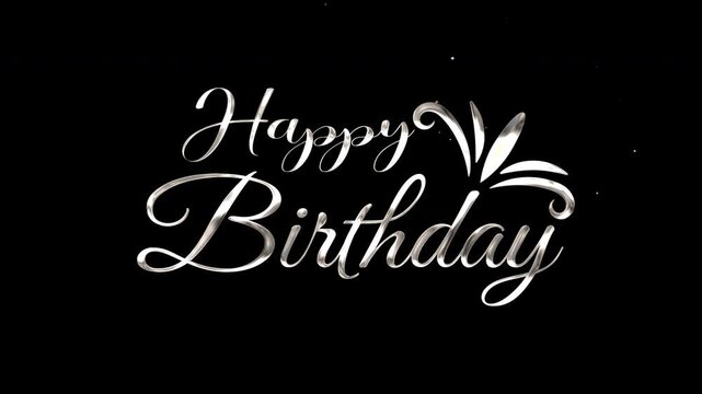 Happy Birthday greeting with silver text on a black background.