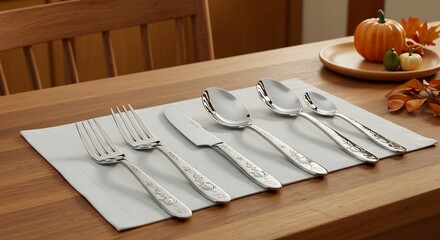 Elegant Silverware Set on a Wooden Dining Table with Autumn Decorations.