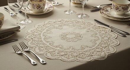 Elegant Table Setting with Lace Doily and Fine China.