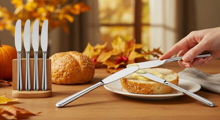 Elegant Thanksgiving Table Setting with Butter Knives and Bread.