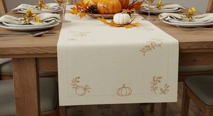 Elegant Thanksgiving Table Setting with Embroidered Runner and Pumpkins.