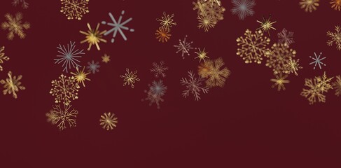 Festive abstract illustration featuring golden and silver snowflakes on a rich burgundy backdrop, perfect for winter and holiday desi