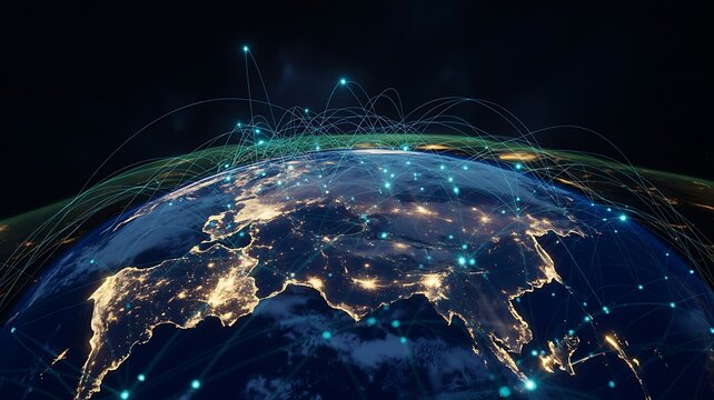 Earth at night with glowing blue connections and city lights planet globe